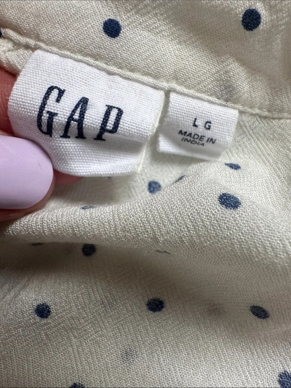 GAP Cream Short Sleeve Navy Blue Polka Dot Pintuck Blouse Top Large Boho - Picture 6 of 7